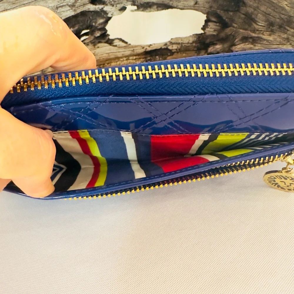 ANNE KLEIN ~ Long Blue Patent Quilted Puffer Leather Wallet w/Gold Hardware